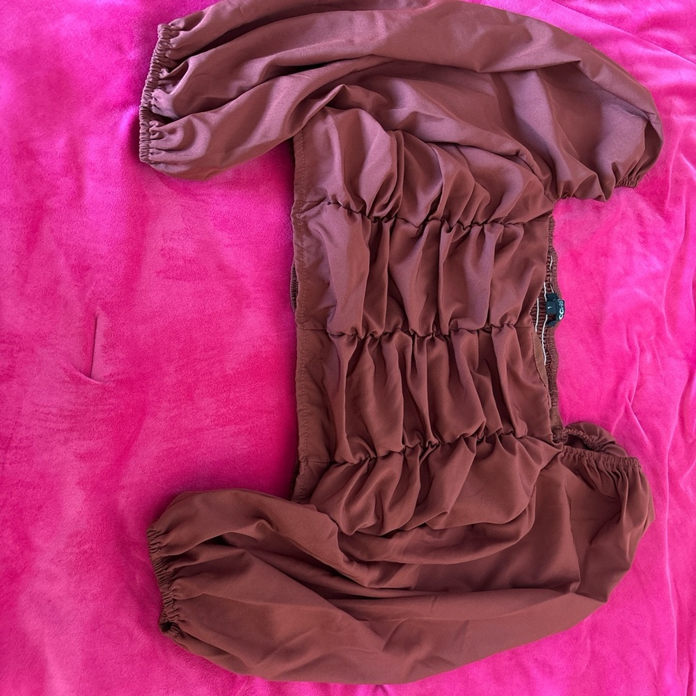 Brown Ruched Puff Sleeve Top